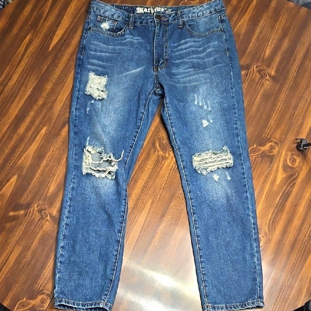 Machine Blue Relaxed Fit Distressed Jeans